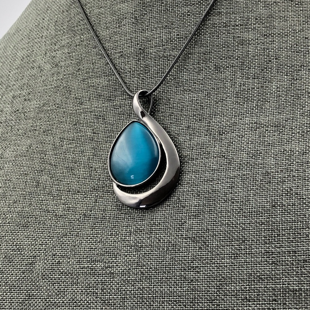 Lia Sophia Gun Metal colour Teardrop Necklace with Bright Blue Cabochon